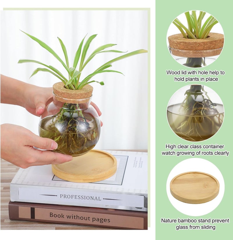 Layhit 4 Pcs Plants Propagation Stations vases Glass Planters with Wooden Lid and Bamboo Stand for Hydroponic Plants Gardening Gifts for Women Mom Home Office Tabletop Decoration(Lovely Style) - Image 4